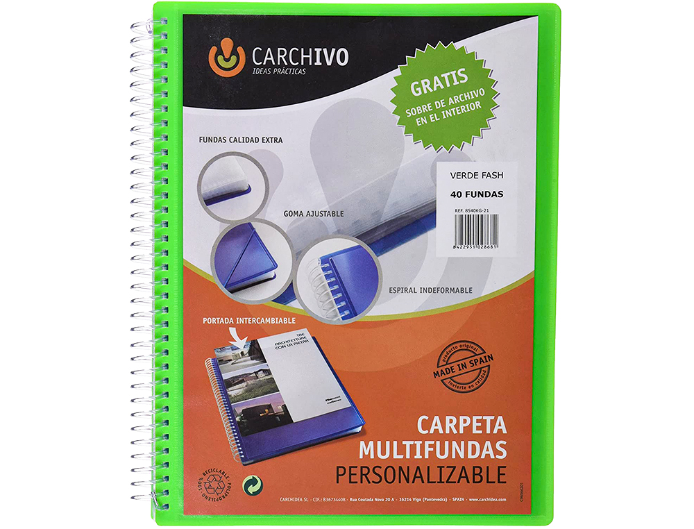 CARCHIVO - Carpeta archivex polipropileno canguro escaparate con espiral 40 fundas cierre gomas din a4 (Ref. 53044054)