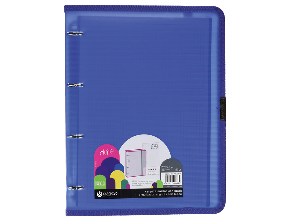 CARCHIVO - Carpeta dune 4 anillas 20 mm polipropileno rigido din A4 con recambio 120 h gomilla y ribete color (Ref. 12377450)