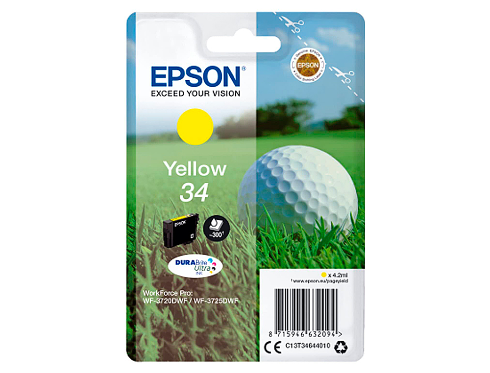 EPSON - Ink-jet 34 workforce pro wf-3720 / wf-3720dwf / wf-3725dwf amarillo 300 paginas (Ref. C13T34644010)