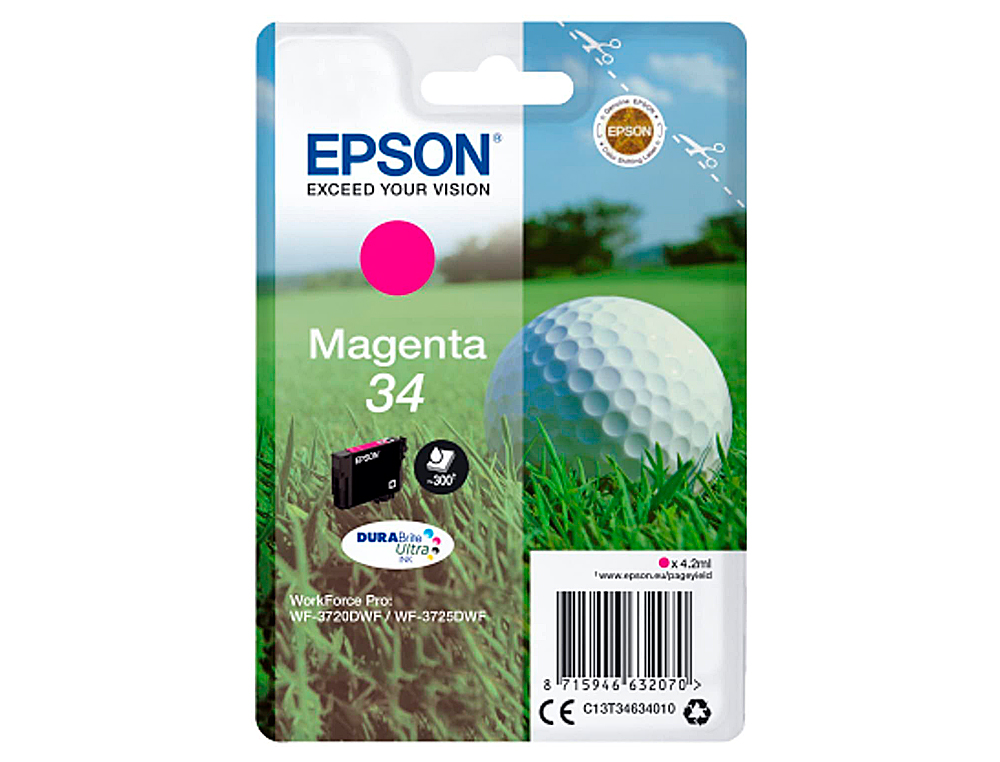 EPSON - Ink-jet 34 workforce pro wf-3720 / wf-3720dwf / wf-3725dwf magenta 300 paginas (Ref. C13T34634010)