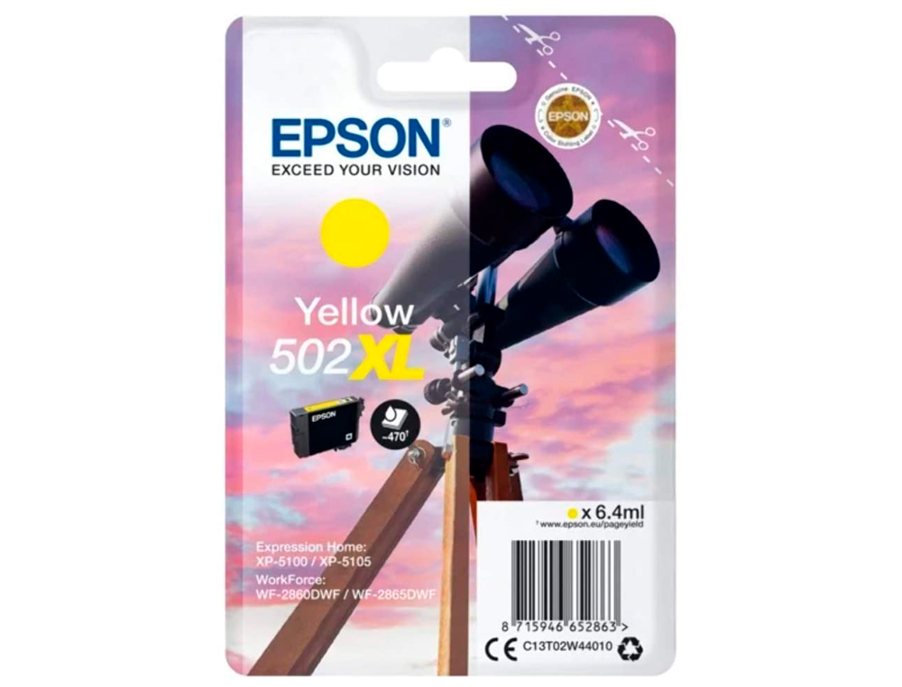 EPSON - Ink-jet 502 xl expression home xp 5100 / 5105 workforce wf 2860 / 2860dwf amarillo 470 paginas (Ref. C13T02W44010)