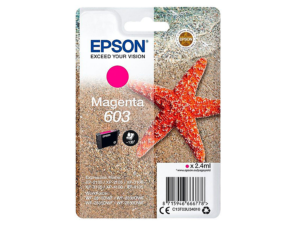 EPSON - Ink-jet 603 xp-2100 / 2105 / 3100 / 4100 / wf-2810 / 2830 / 2835 / 2850 magenta 130 paginas (Ref. C13T03U34010)
