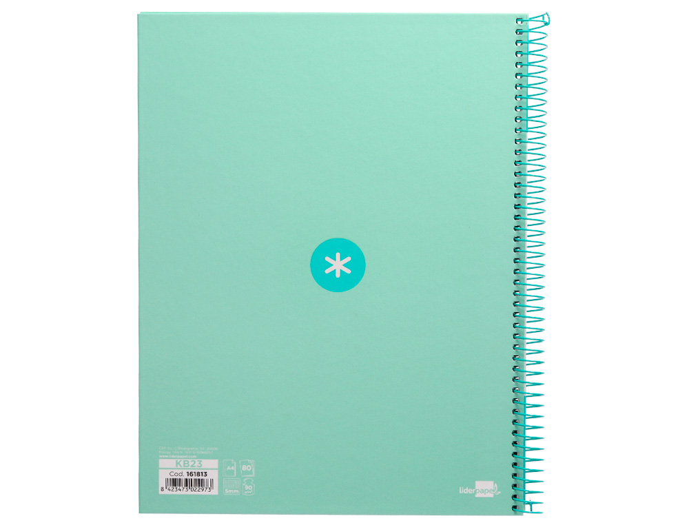 ANTARTIK - Cuaderno espiral liderpapel A4 micro tapa forrada 80h 90 gr cuadro 5mm 1 banda 4 taladros menta (Ref. KB23)