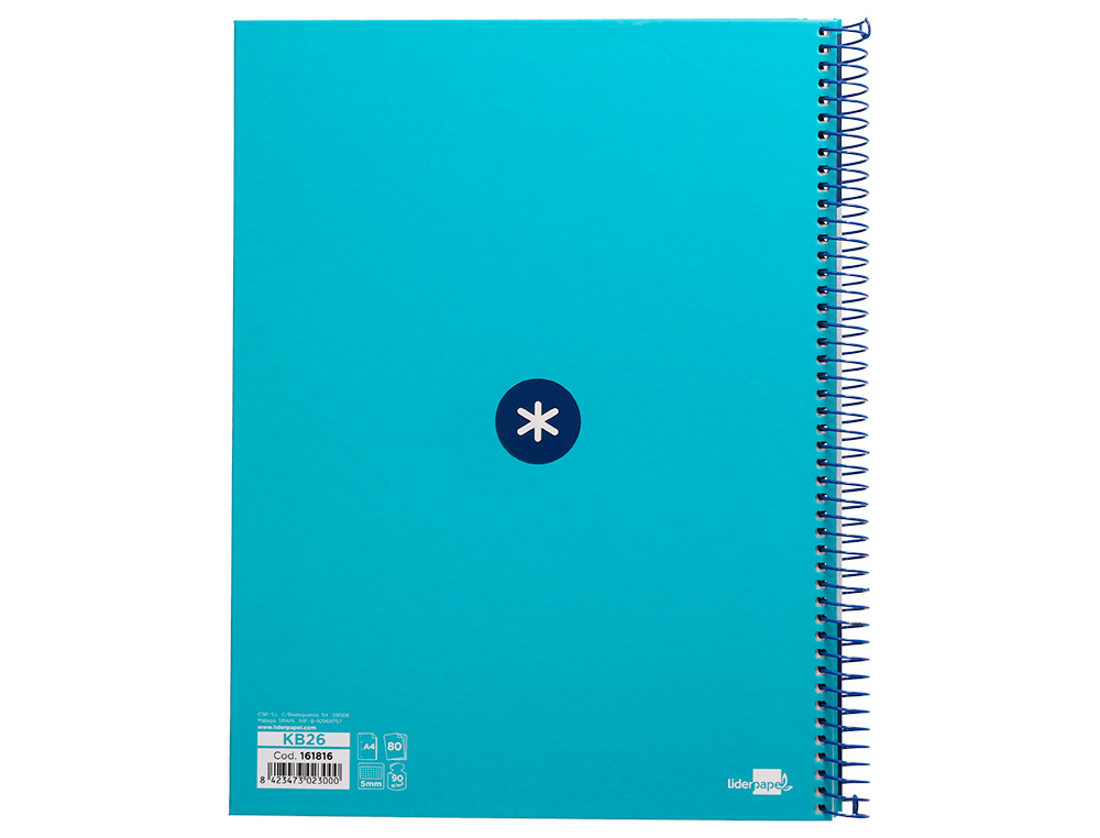ANTARTIK - Cuaderno espiral liderpapel A4 micro tapa forrada 80h 90 gr cuadro 5mm 1 banda 4 taladros turquesa (Ref. KB26)