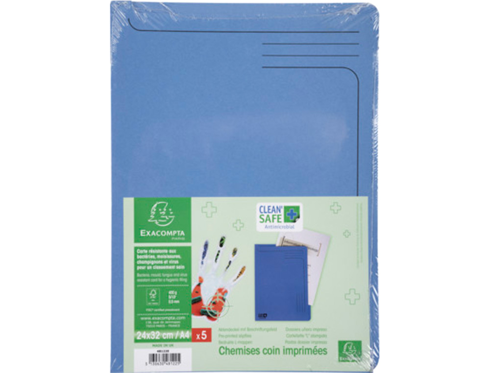 EXACOMPTA - Carpeta dossier uñero clean safe cartulina 400 gr din A4 azul paquete de 5 unidades (Ref. 48122E)