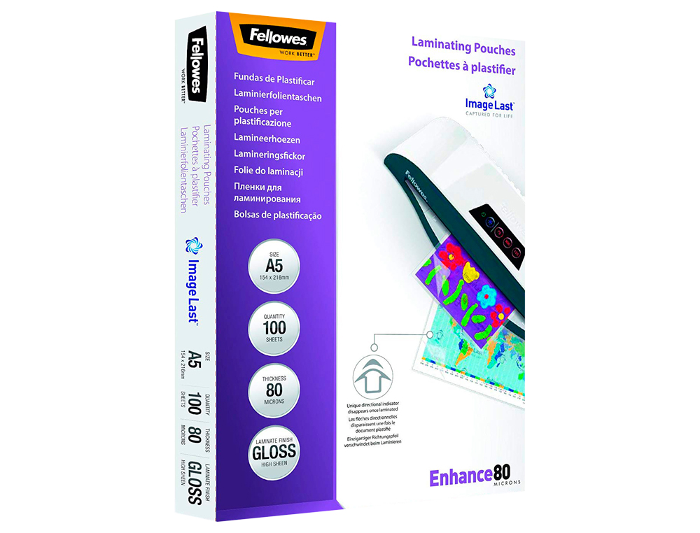 FELLOWES - Bolsa de plastificar brillo din a5 80 micras pack 100 unidades (Ref. 5306002)