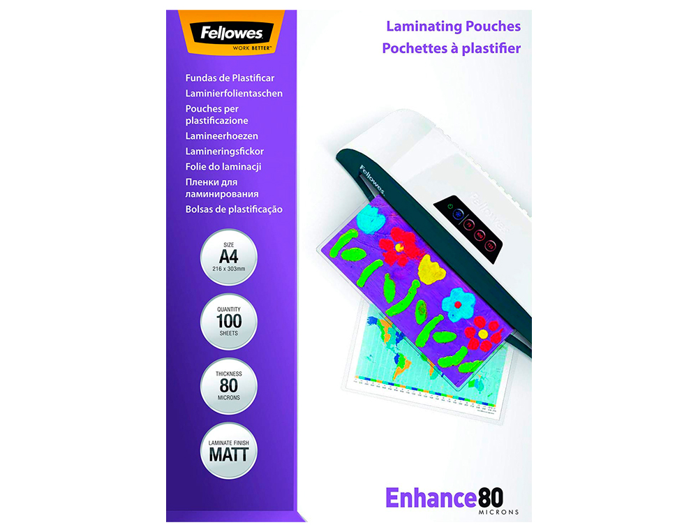 FELLOWES - Bolsa de plastificar mate din A4 80 micras pack 100 unidades (Ref. 5452103)