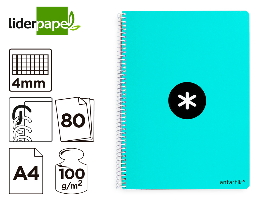 ANTARTIK - Cuaderno espiral liderpapel A4 tapa dura 80h 100gr cuadro 4mm con margen color menta (Ref. KB11)