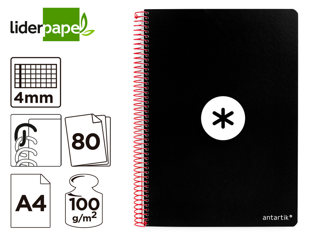 ANTARTIK - Cuaderno espiral liderpapel A4 tapa dura 80h 100gr cuadro 4mm con margen color negro (Ref. KB13)