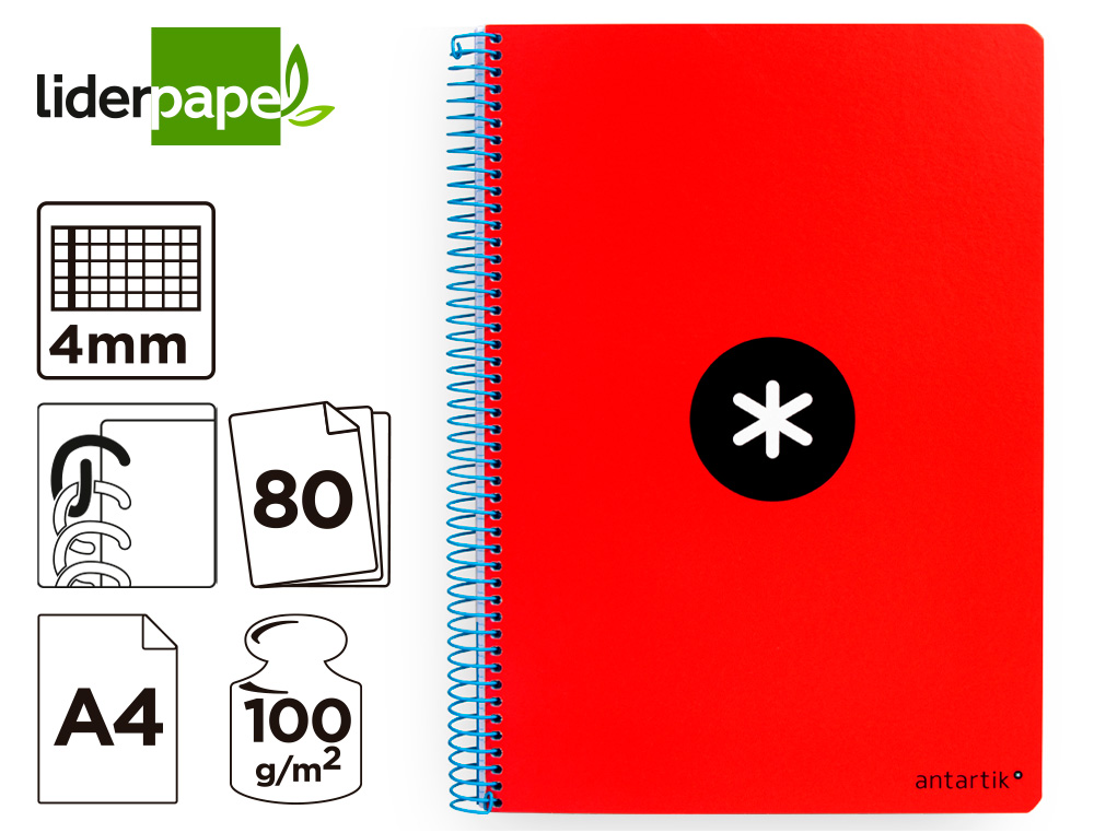 ANTARTIK - Cuaderno espiral liderpapel A4 tapa dura 80h 100gr cuadro 4mm con margen color rojo (Ref. KB14)