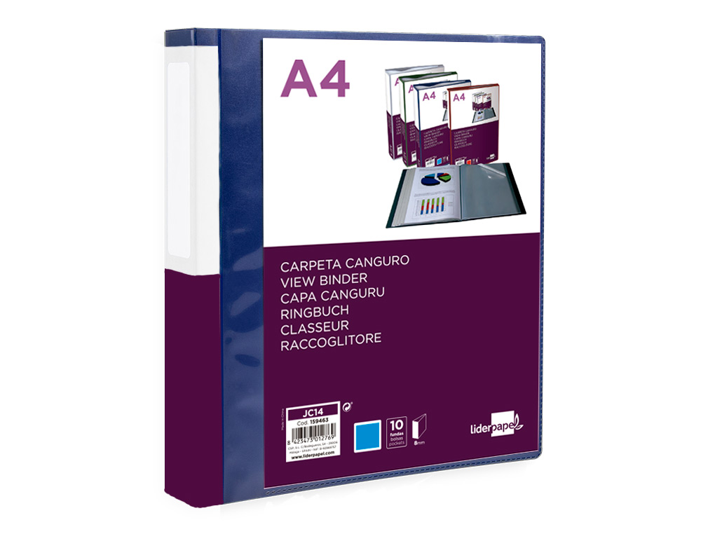 LIDERPAPEL - Carpeta 10 fundas canguro pp din A4 azul translucido portada y lomo personalizable (Ref. JC14)