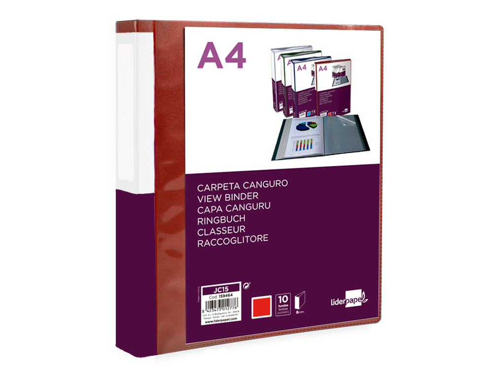 LIDERPAPEL - Carpeta 10 fundas canguro pp din A4 rojo translucido portada y lomo personalizable (Ref. JC15)
