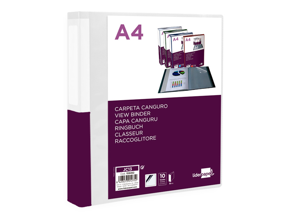 LIDERPAPEL - Carpeta 10 fundas canguro pp din A4 transparenteportada y lomo personalizable (Ref. JC13)