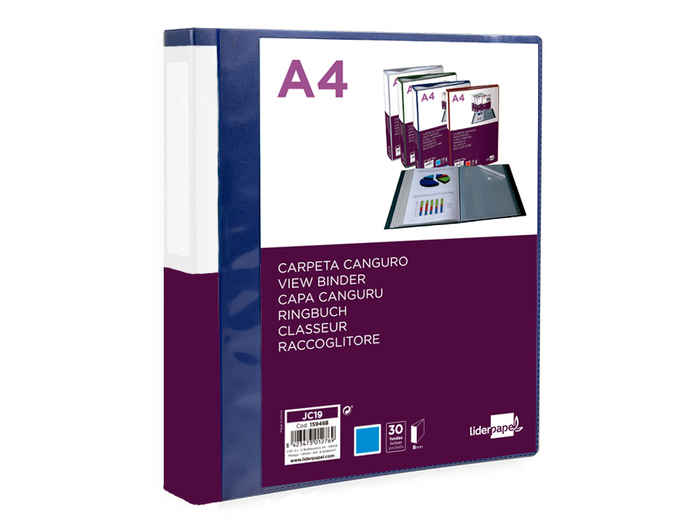 LIDERPAPEL - Carpeta 30 fundas canguro pp din A4 azul translucido portada y lomo personalizable (Ref. JC19)