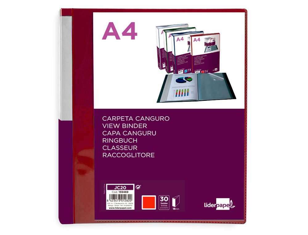 LIDERPAPEL - Carpeta 30 fundas canguro pp din A4 rojo translucido portada y lomo personalizable (Ref. JC20)
