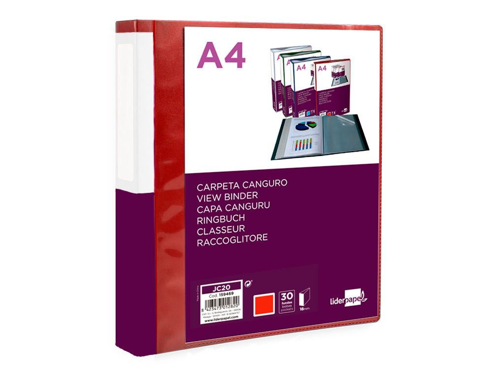 LIDERPAPEL - Carpeta 30 fundas canguro pp din A4 rojo translucido portada y lomo personalizable (Ref. JC20)