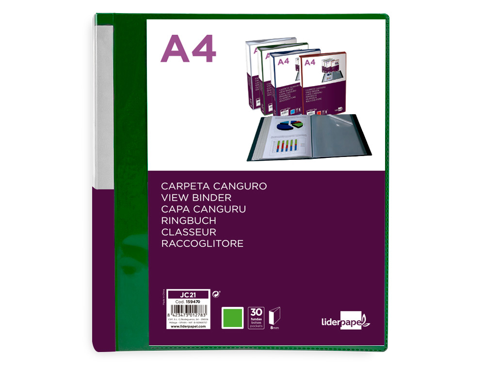 LIDERPAPEL - Carpeta 30 fundas canguro pp din A4 verde translucido portada y lomo personalizable (Ref. JC21)