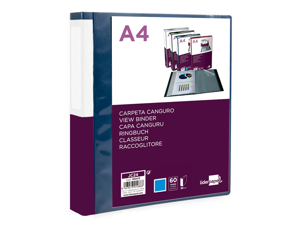 LIDERPAPEL - Carpeta 60 fundas canguro pp din A4 azul translucido portada y lomo personalizable (Ref. JC24)