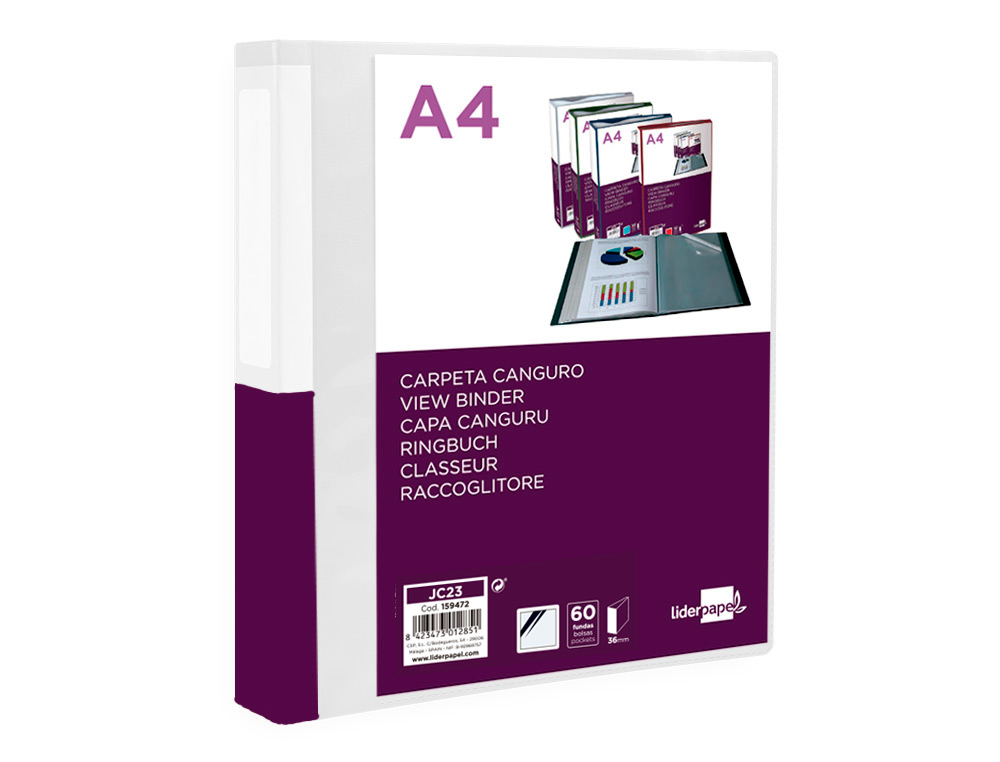 LIDERPAPEL - Carpeta 60 fundas canguro pp din A4 transparenteportada y lomo personalizable (Ref. JC23)