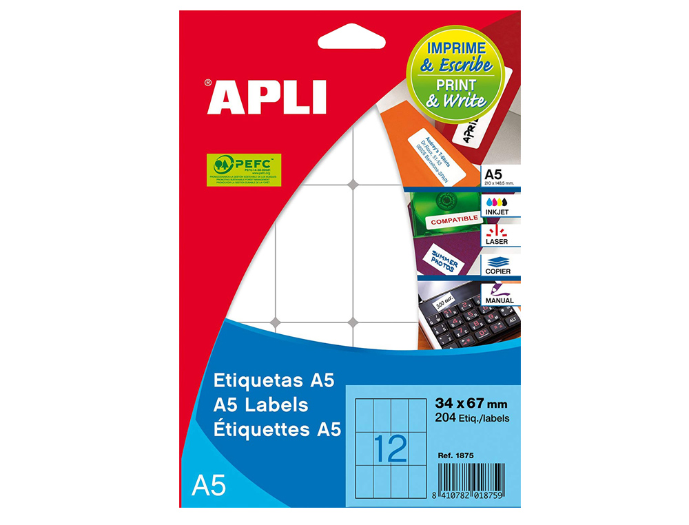 APLI - Etiqueta adhesiva blanca 12x30 mm sobre a5 de 990 unidades (Ref. 1861)