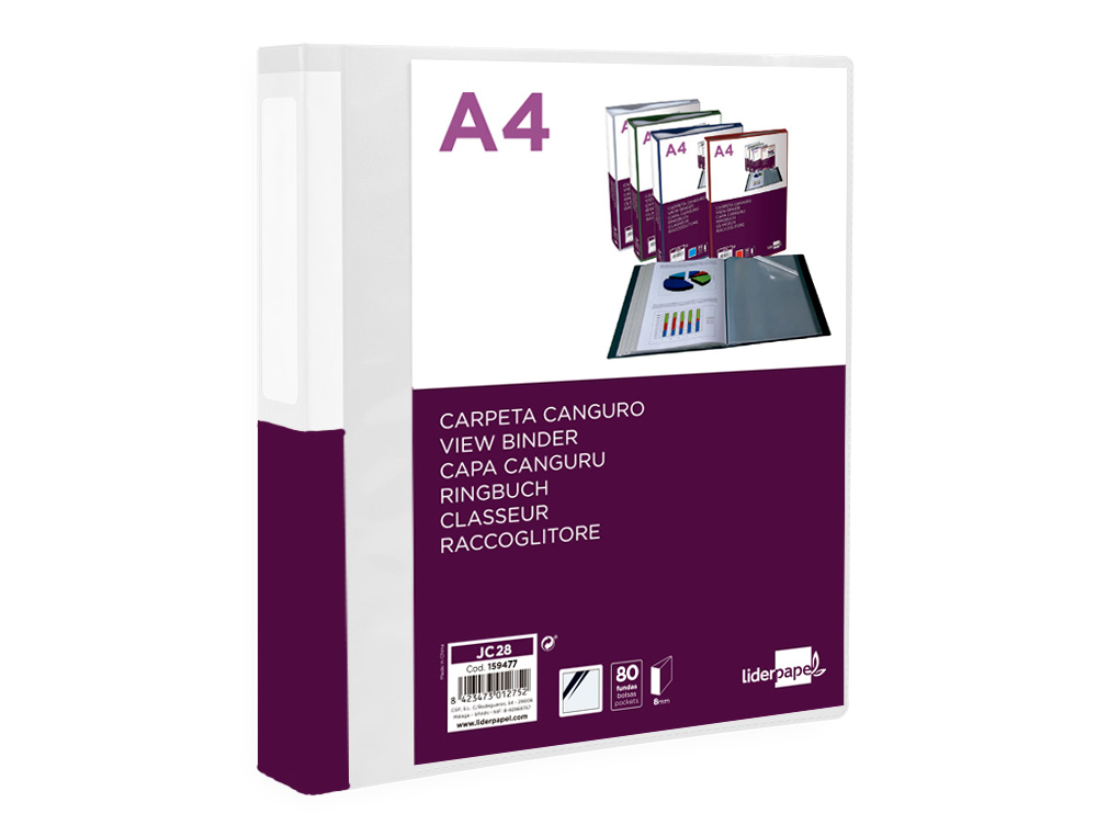 LIDERPAPEL - Carpeta 80 fundas canguro pp din A4 transparenteportada y lomo personalizable (Ref. JC28)