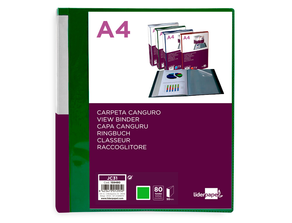 LIDERPAPEL - Carpeta 80 fundas canguro pp din A4 verde translucido portada y lomo personalizable (Ref. JC31)