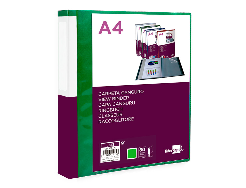 LIDERPAPEL - Carpeta 80 fundas canguro pp din A4 verde translucido portada y lomo personalizable (Ref. JC31)