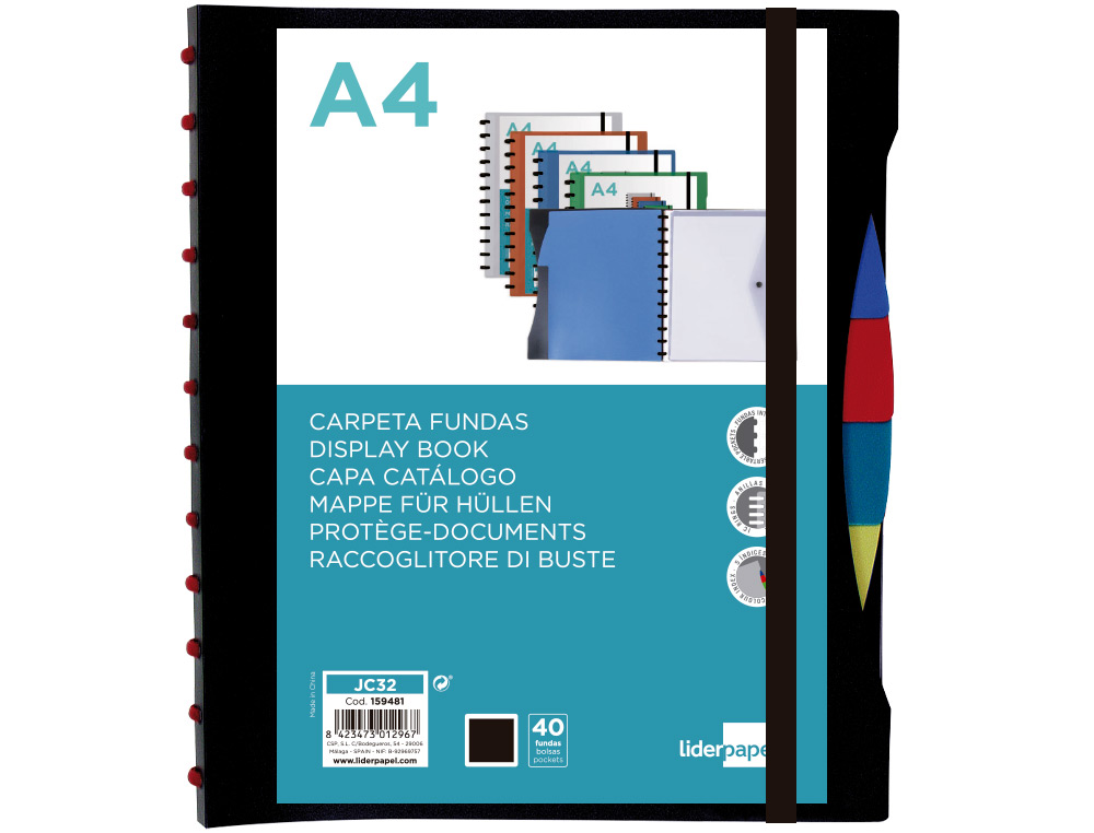 LIDERPAPEL - Carpeta A4 con 40 fundas intercambiables 5 sep sobre y gomilla portada y lomo personalizable negro (Ref. JC32)