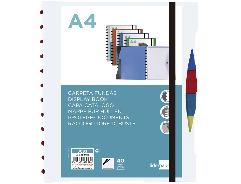 LIDERPAPEL - Carpeta A4 con 40 fundas intercambiables 5 sep sobre y gomilla portada y lomopersonalizable transparente (Ref. JC33)