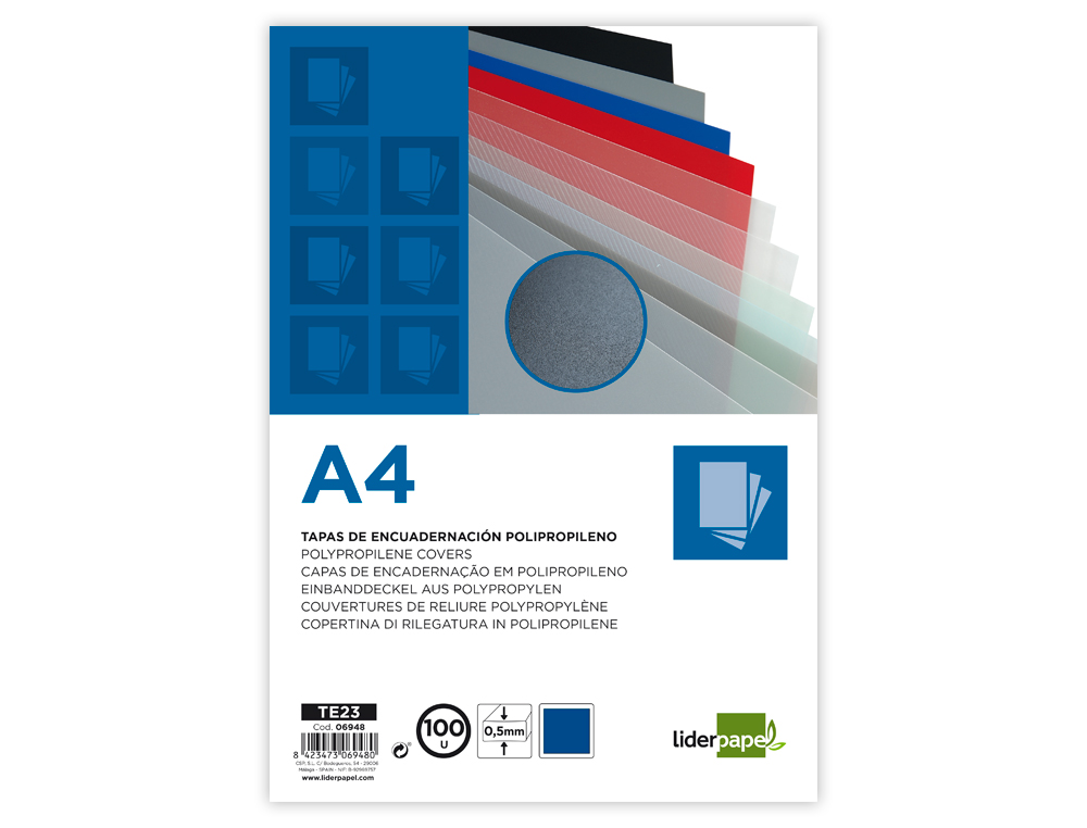 LIDERPAPEL - Tapa encuadernacion polipropileno A4 0.5mm azul opaco paquete de 100 unidades (Ref. TE23)