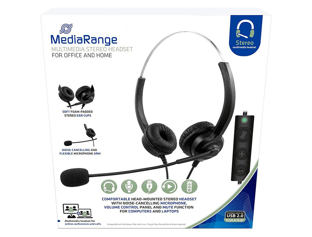 MEDIARANGE - Auricular biaural diadema con microfono cable 2 mt (Ref. MROS304)