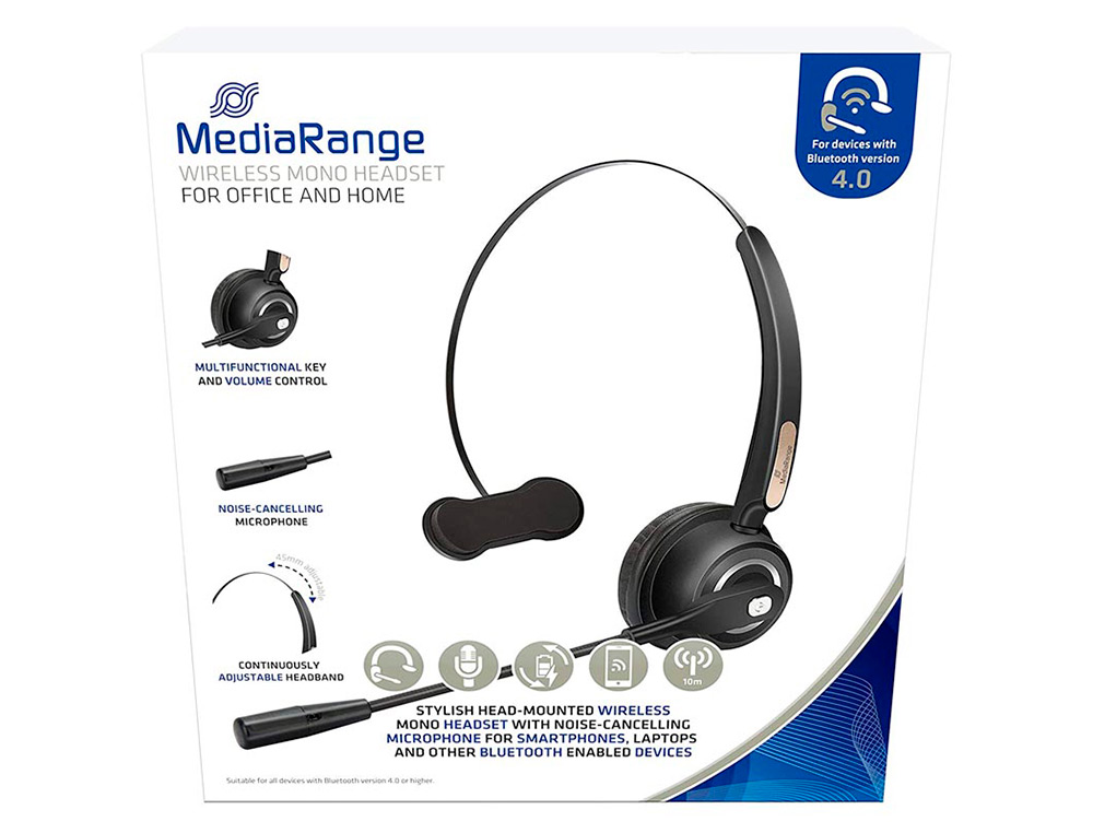 MEDIARANGE - Auricular monoaural diadema inalambrico bluetooth con microfono (Ref. MROS305)