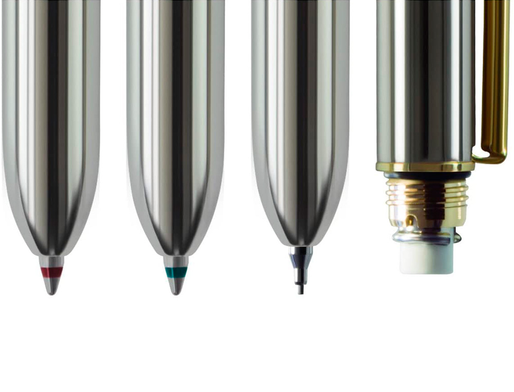 MILAN - Boligrafo multifuncion cromado adornos dorados azul/rojo/portaminas 0,5 mm/ goma de borrar en caja metal (Ref. 1772601)