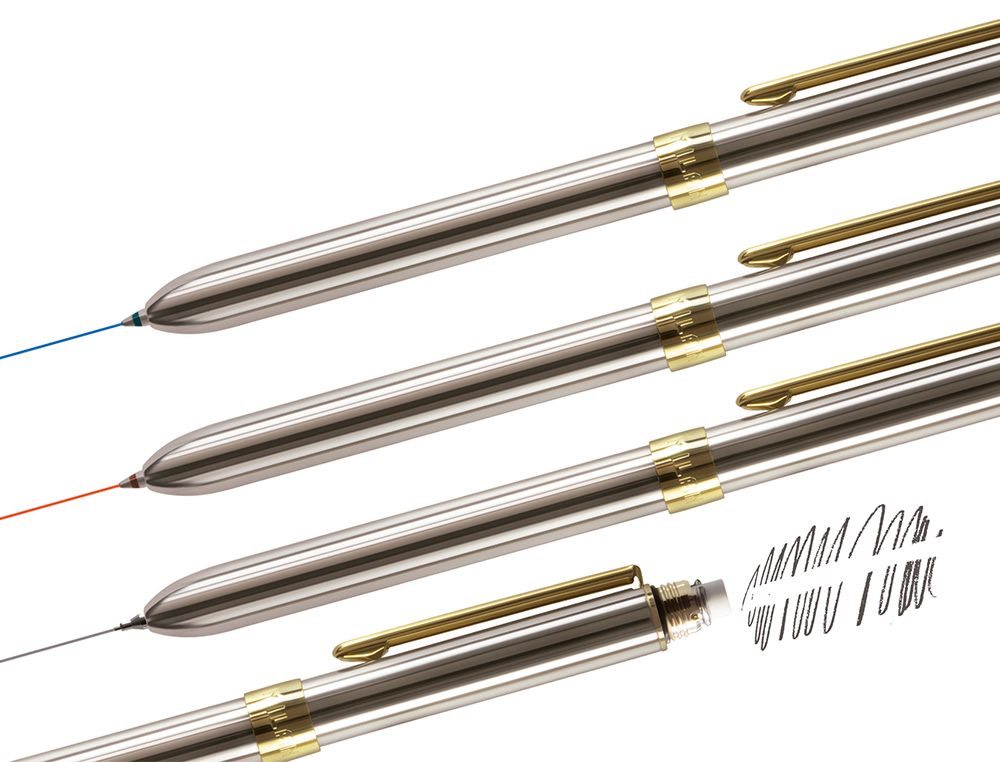 MILAN - Boligrafo multifuncion cromado adornos dorados azul/rojo/portaminas 0,5 mm/ goma de borrar en caja metal (Ref. 1772601)