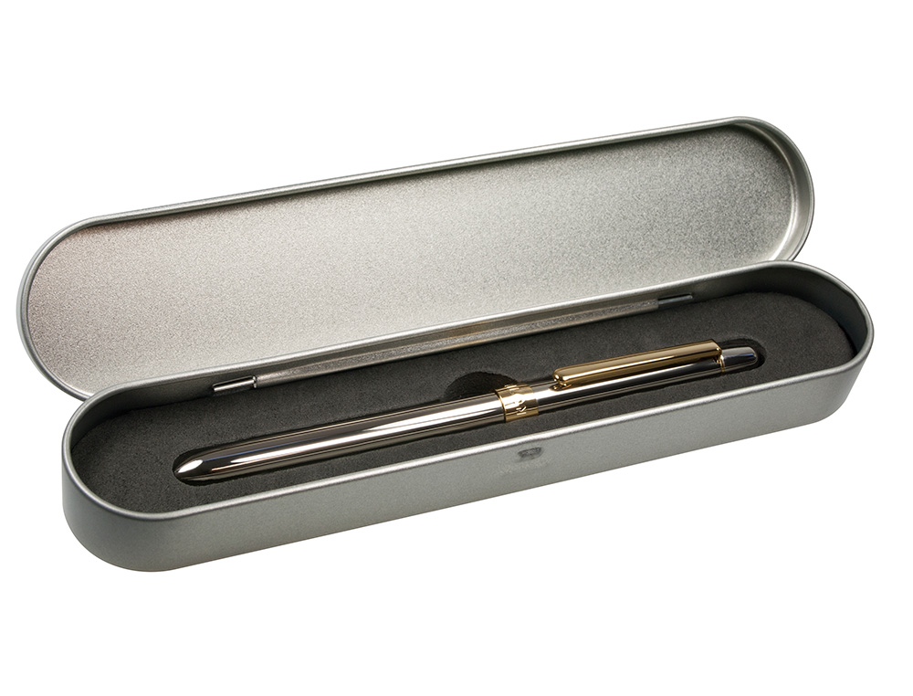 MILAN - Boligrafo multifuncion cromado adornos dorados azul/rojo/portaminas 0,5 mm/ goma de borrar en caja metal (Ref. 1772601)