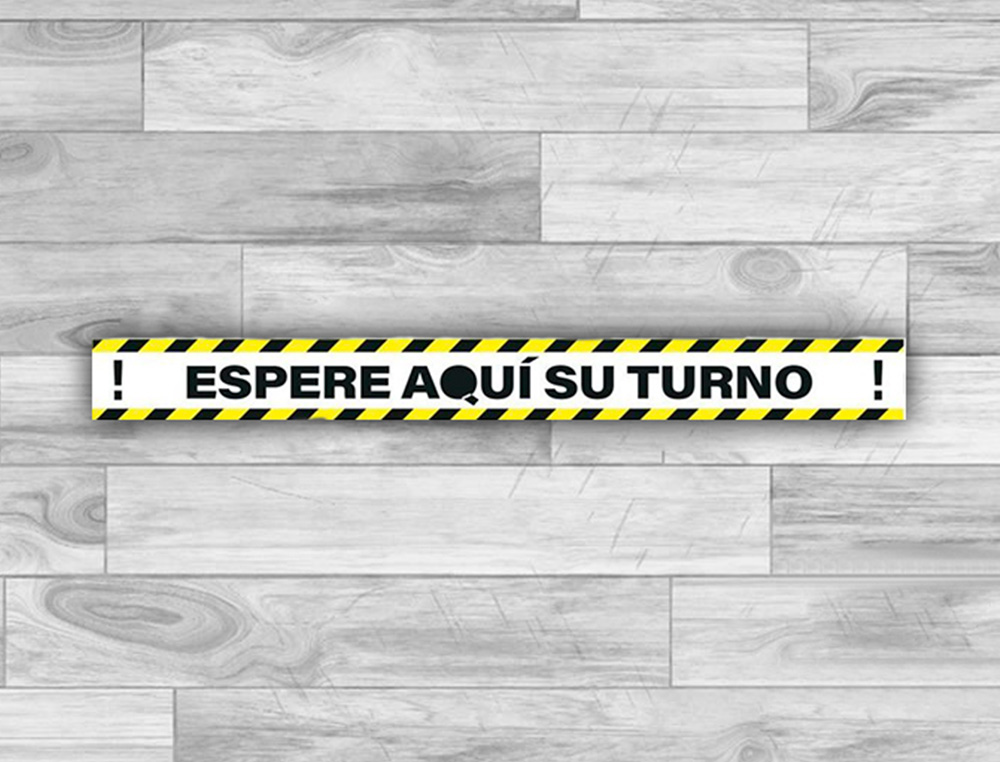 ARCHIVO 2000 - Pictograma espere su turno mantega la distancia de seguridad vinilo adhesivo amarillo 100x700 mm (Ref. NOBA81100 AM)