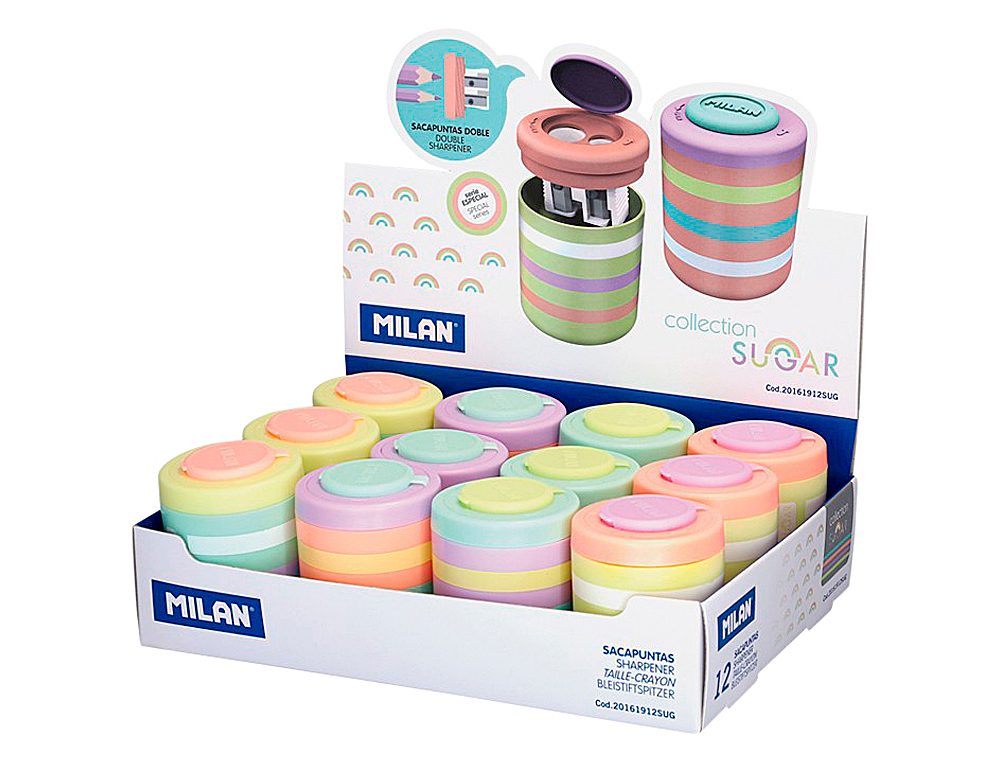 MILAN - Sacapuntas 2 usos con deposito sugar expositor de 12 unidades surtidas (Ref. 20161912SUG)
