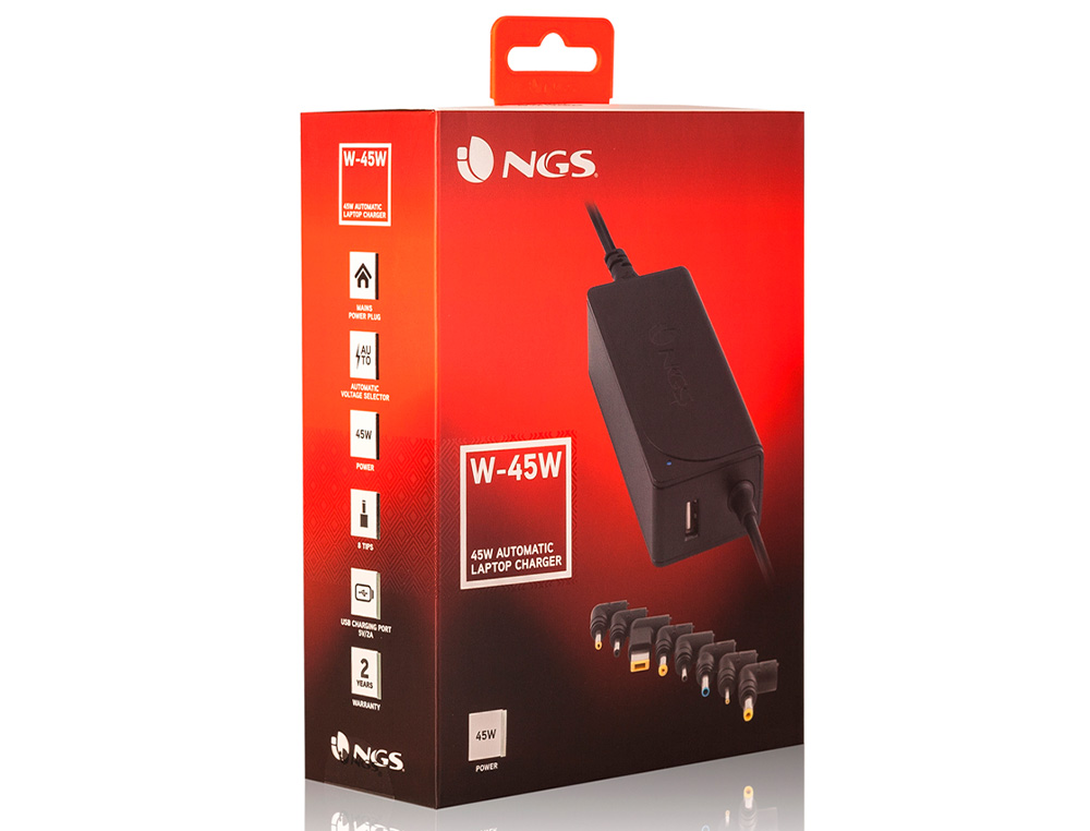 NGS - Adaptador de corriente automatic 45w con 8 adaptadores y salida usb 2a (Ref. W-45W)