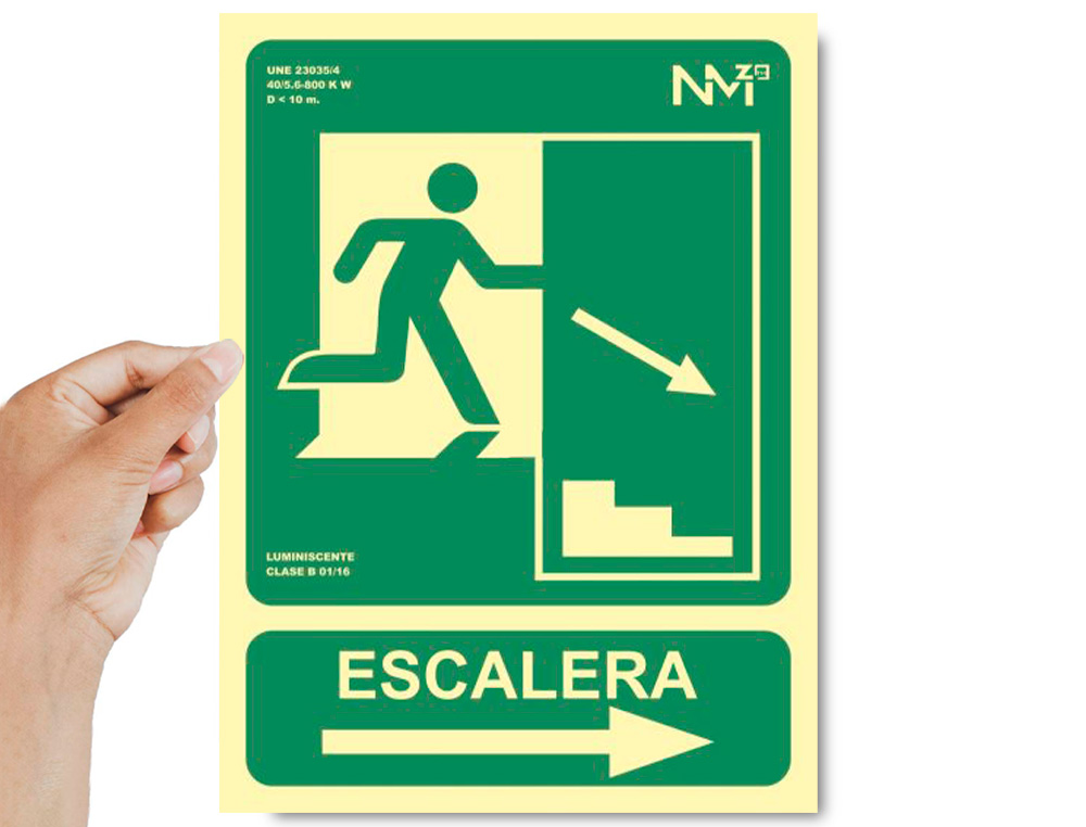 ARCHIVO 2000 - Pictograma salida emergencia escalera baja derecha pvc verde luminiscente 224x300 mm (Ref. 6170-12H VE)
