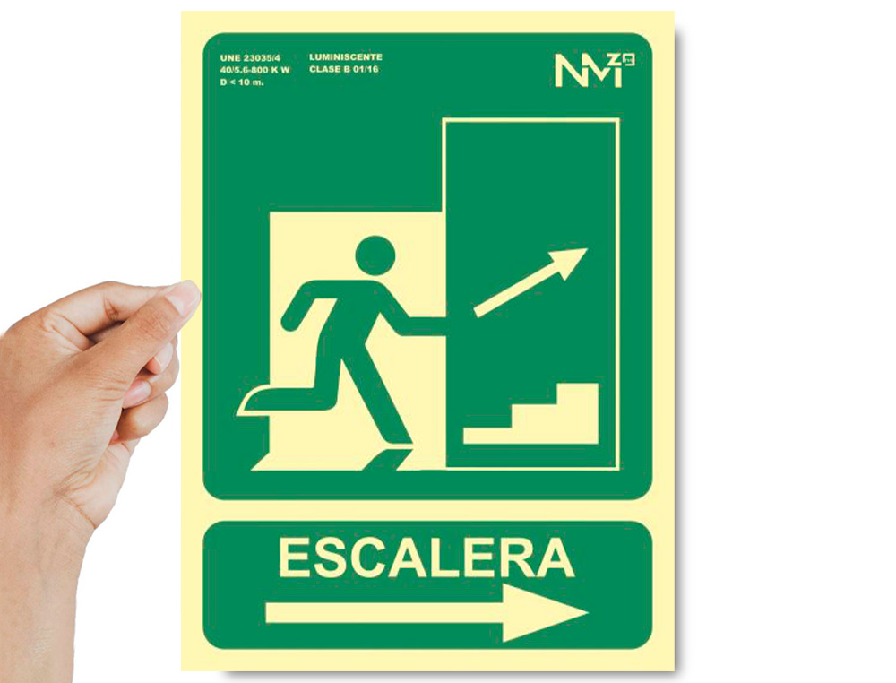 ARCHIVO 2000 - Pictograma salida emergencia escalera sube derecha pvc verde luminiscente 224x300 mm (Ref. 6170-14H VE)