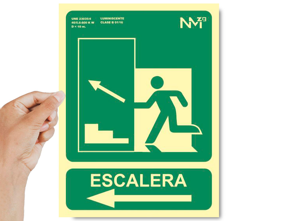 ARCHIVO 2000 - Pictograma salida emergencia escalera sube izquierda pvc verde luminiscente 224x300 mm (Ref. 6170-13H VE)