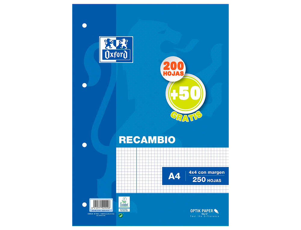 OXFORD - Recambio din A4 200 + 50 hojas gratis cuadro 4 mm con margen (Ref. 400119437)