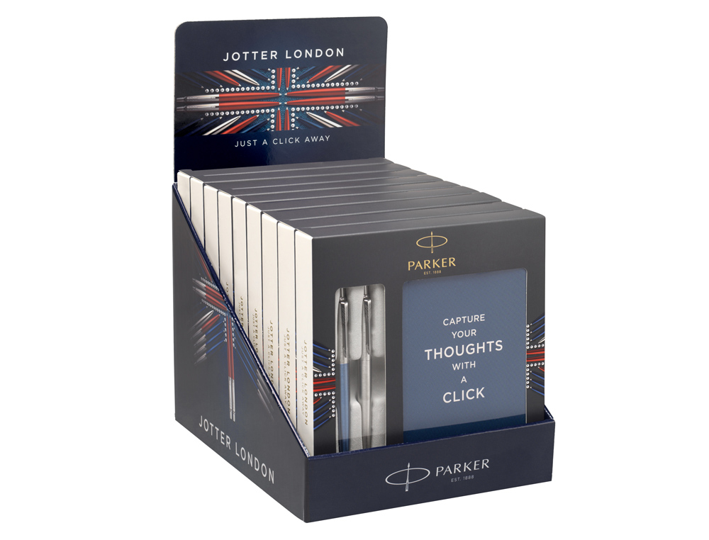 PARKER - Boligrafo jotter acero + azul + bloc expositor de 9 sets regalo (Ref. 2062782)