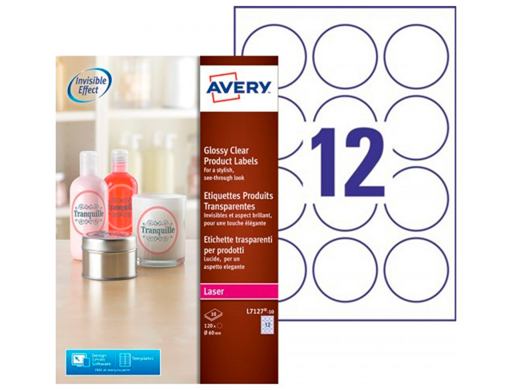 AVERY - Etiqueta adhesiva brillante invisible redonda para impresora laser 60 mm caja de 120 (Ref. L7127-10)