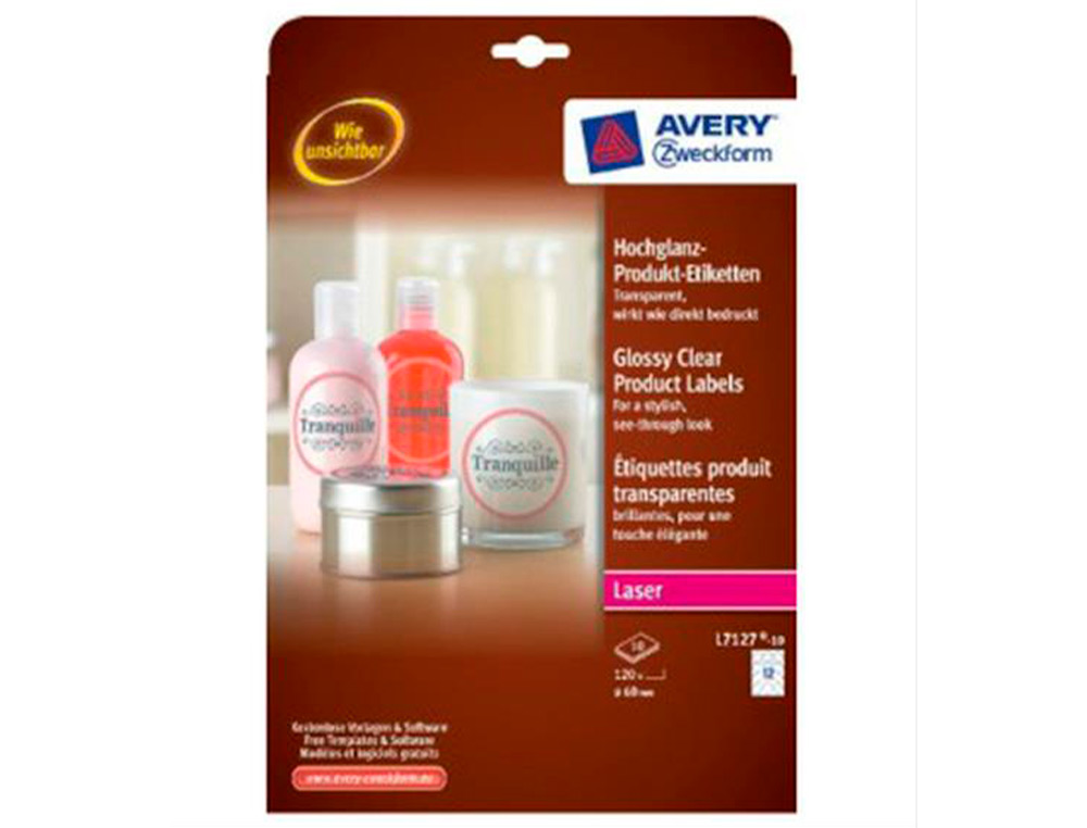 AVERY - Etiqueta adhesiva brillante invisible redonda para impresora laser 60 mm caja de 120 (Ref. L7127-10)