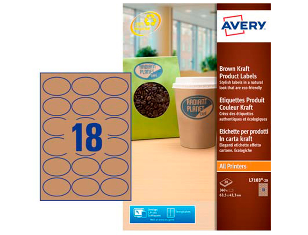 AVERY - Etiqueta adhesiva kraft efecto carton ovalada removible para impresora laser inyeccion tinta (Ref. L7103-20)