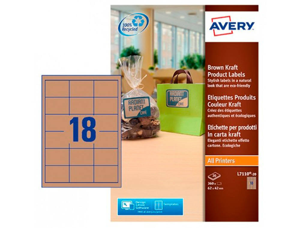 AVERY - Etiqueta adhesiva kraft efecto carton rectangular removible para impresora laser inyeccion tinta (Ref. L7110-20)