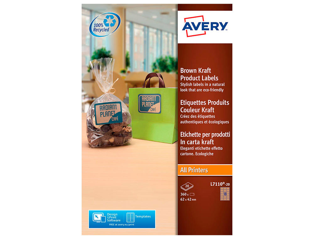 AVERY - Etiqueta adhesiva kraft efecto carton rectangular removible para impresora laser inyeccion tinta (Ref. L7110-20)