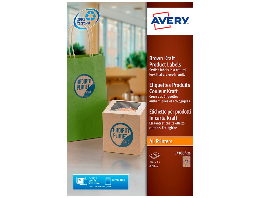 AVERY - Etiqueta adhesiva kraft efecto carton redonda removible para impresora laser inyeccion tinta (Ref. L7106-20)