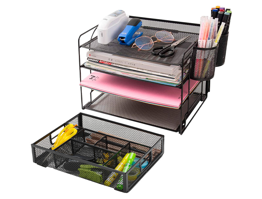 Q-CONNECT - Organizador sobremesa kf17291 bandeja metalica rejilla negra con 6 departamentos 235x183x65 mm (Ref. KF17291)